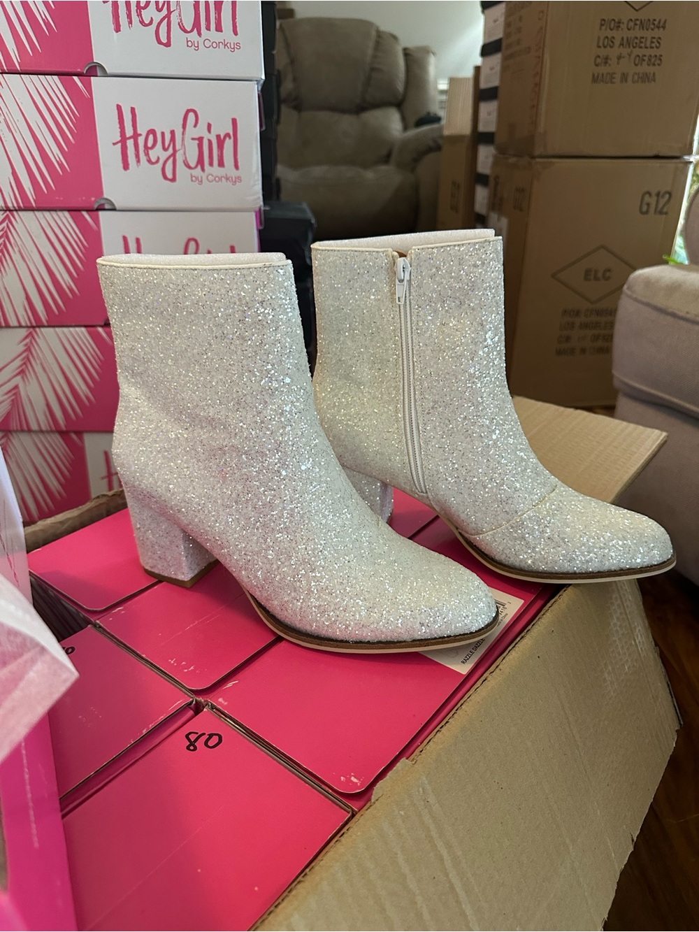 Hey Girl by Corky’s- Glitter Ankle Boots in White Glitter- New In Box